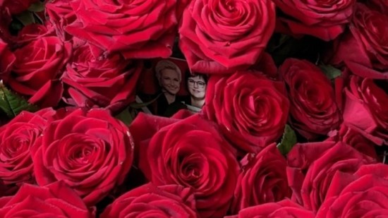 Strauß roter Rosen mit einem Etikett mit AK Schröder und Manuela Schwesig