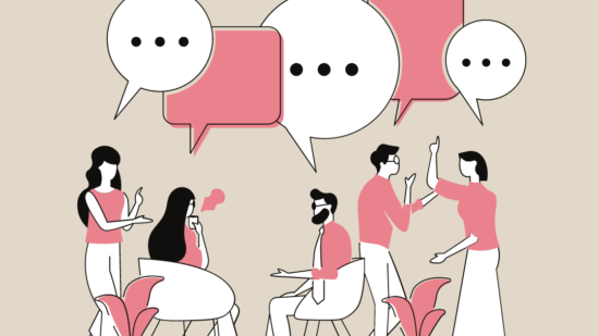 Grafik: Menschen mit Sprechblasen in Rosa und Weiß diskutieren