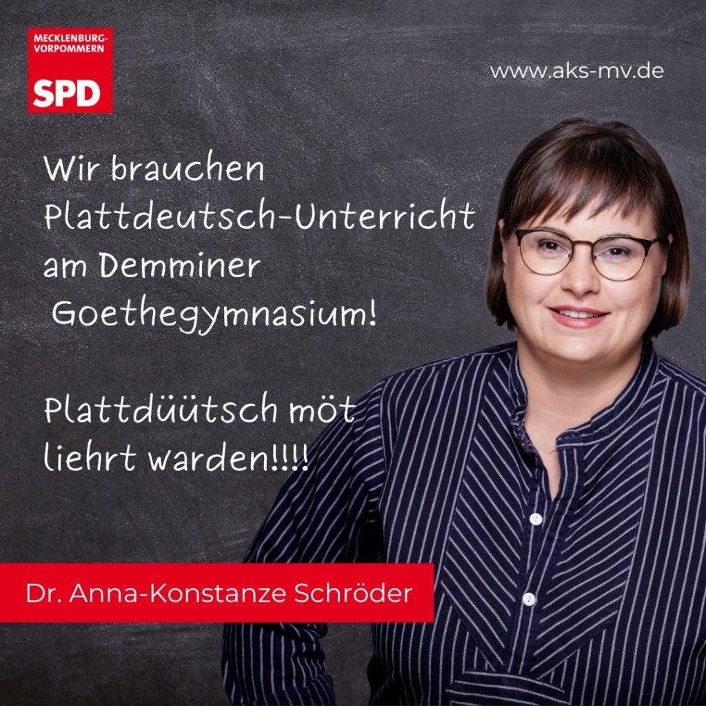 Bild von AK Schröder mit Text für Erhalt von Plattdeutsch in Demmin