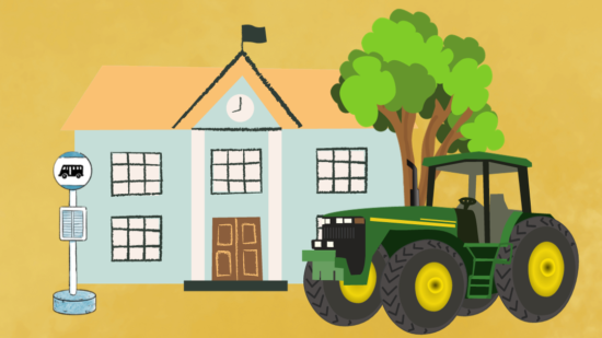 Schule, Traktor, Baum, Haltestelle